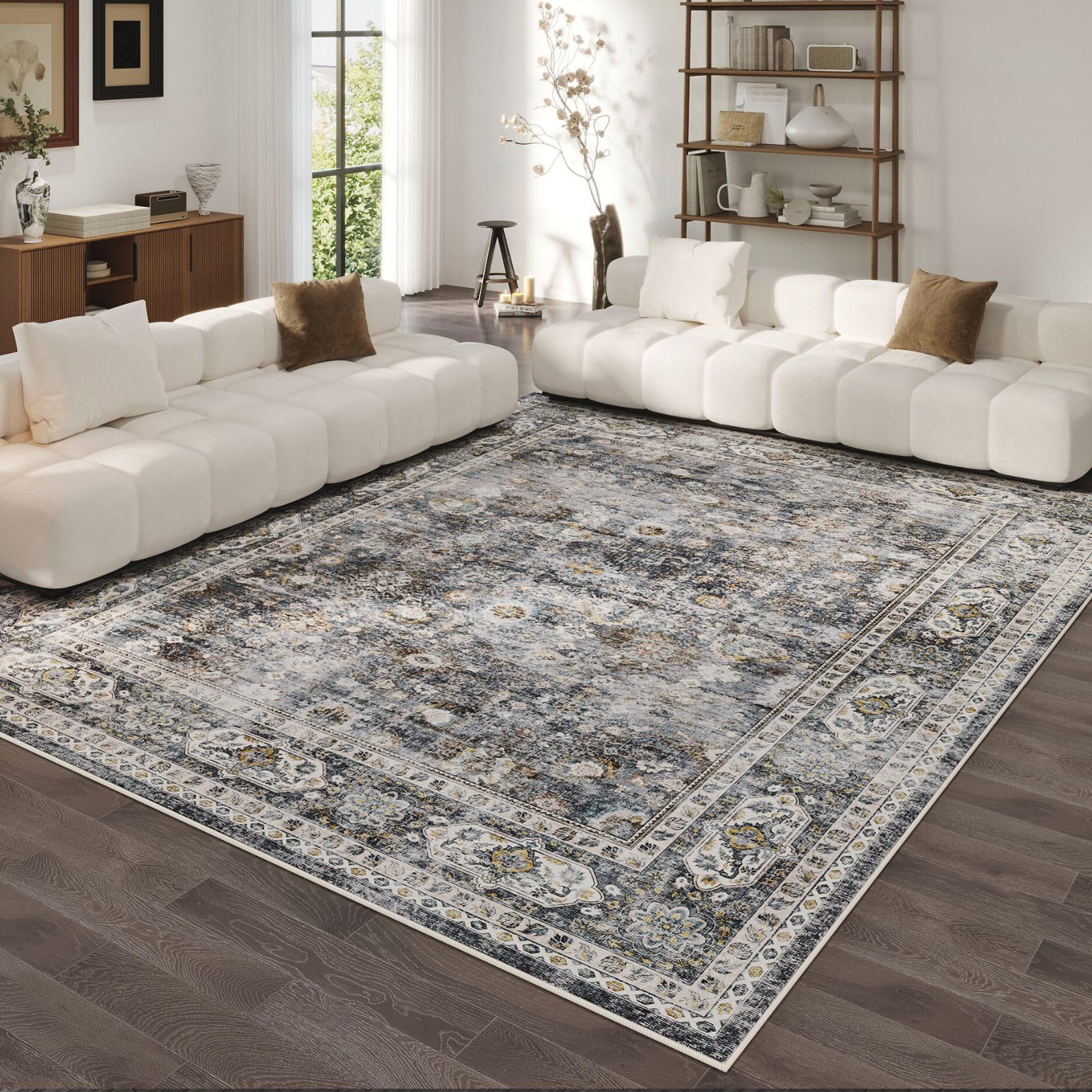 Rugcomf vintage-tone colorway rug complements warm decor.