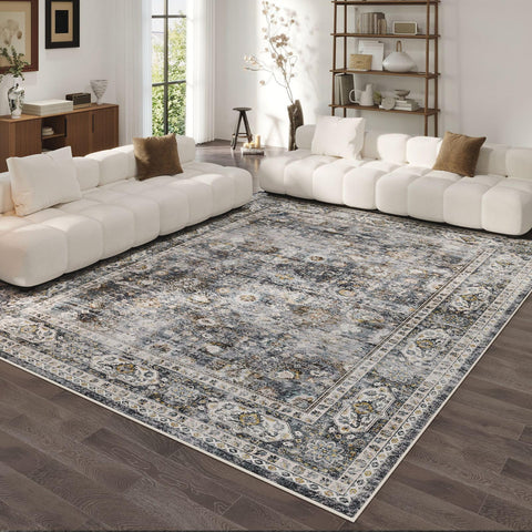 Rugcomf vintage-tone colorway rug complements warm decor.