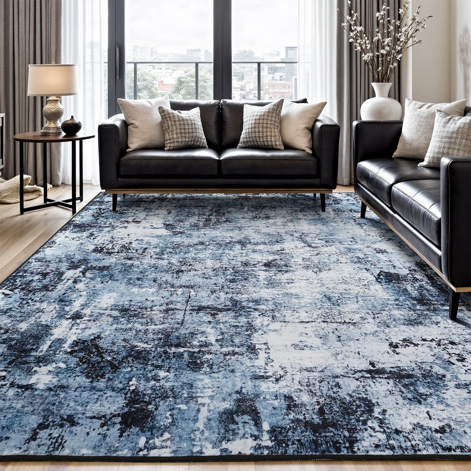 Rugflix 8x10 abstract rug in navy and black for living rooms that hides wear