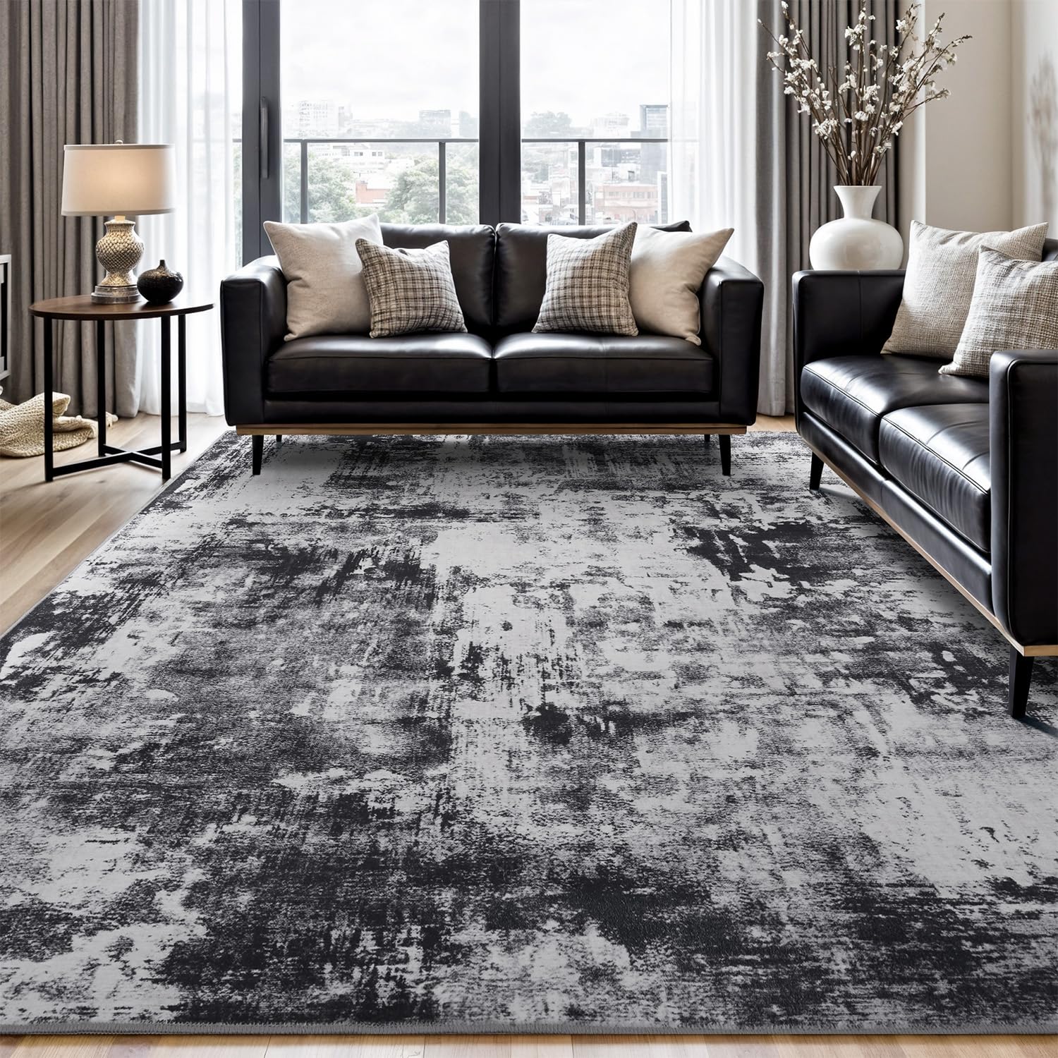 Rugflix 8x10 abstract dark rug for living rooms, stain-resistant and easy to clean.