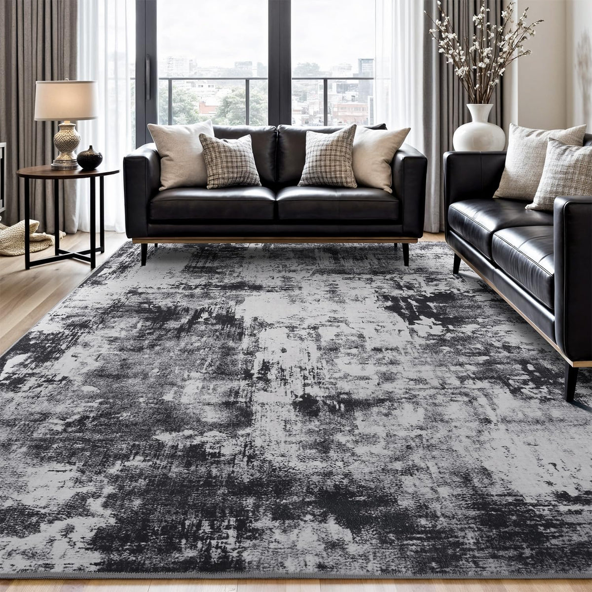 Rugflix 8x10 abstract dark rug for living rooms, stain-resistant and easy to clean.
