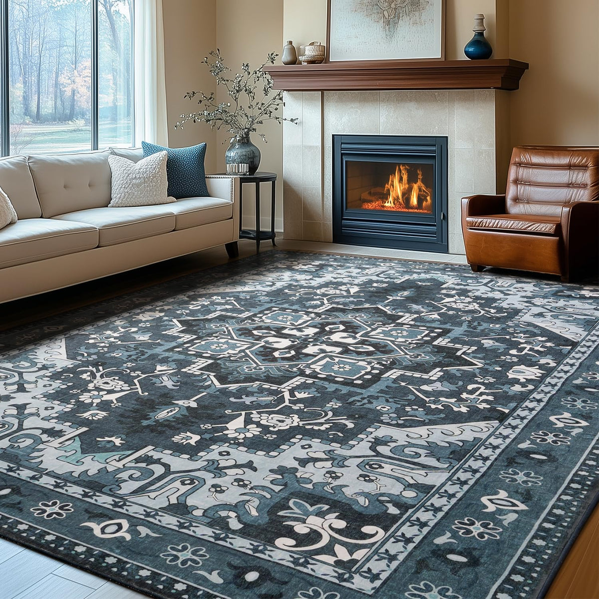 Rugflix 8x10 dark navy rug close-up shows plush 0.2 inch pile for comfort
