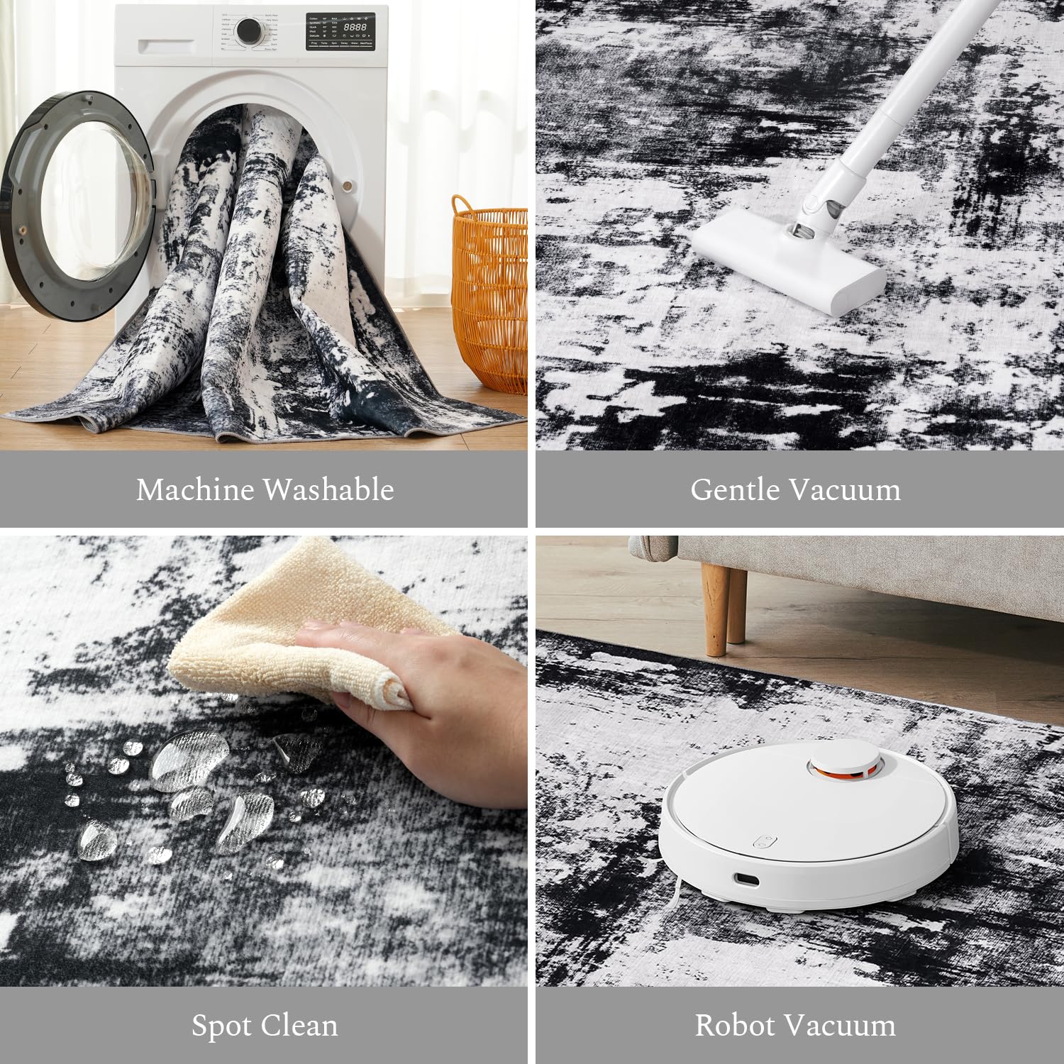 Rugflix machine-washable rug, cold wash, no-bleach care.