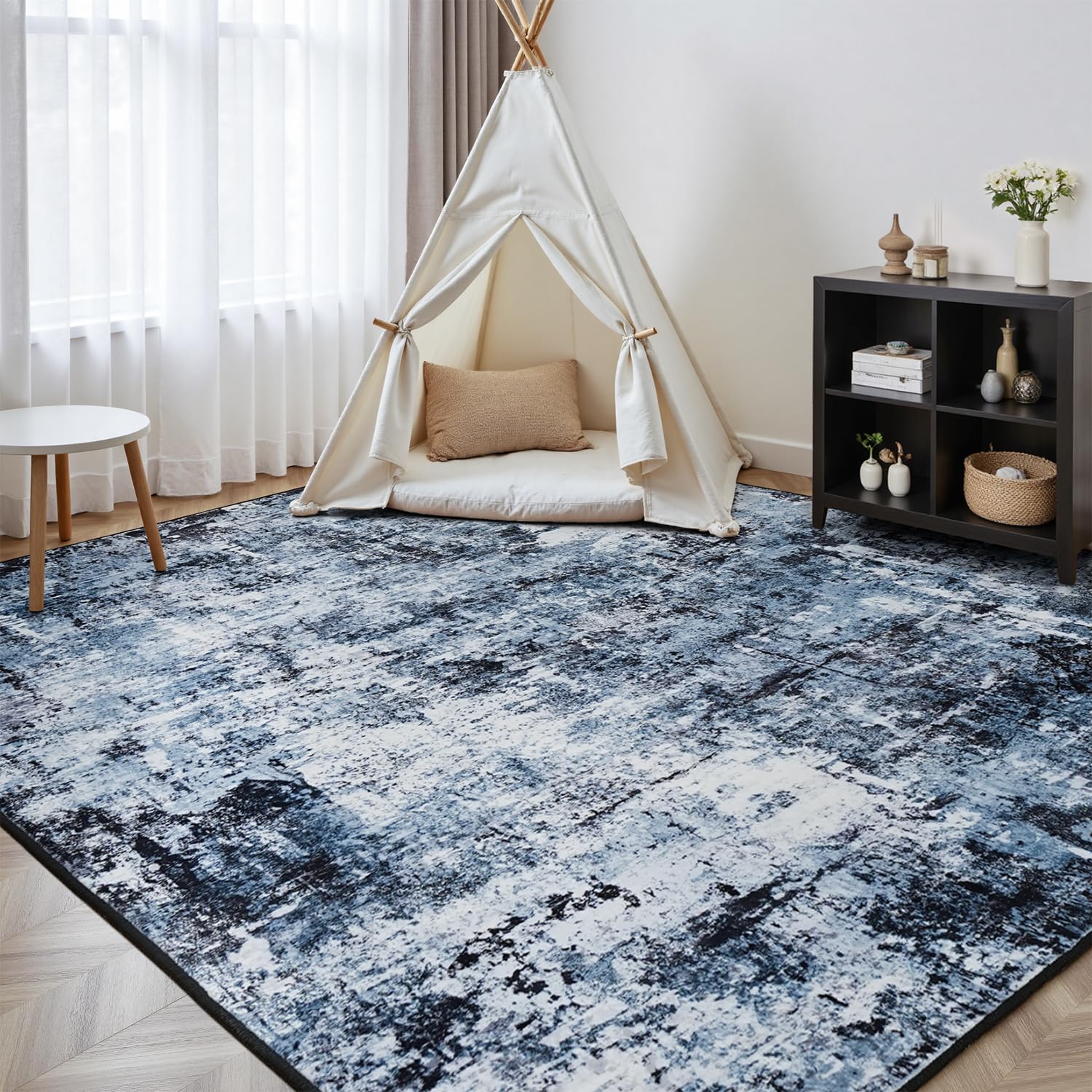 Rugflix navy blue and black colorway complements modern interiors