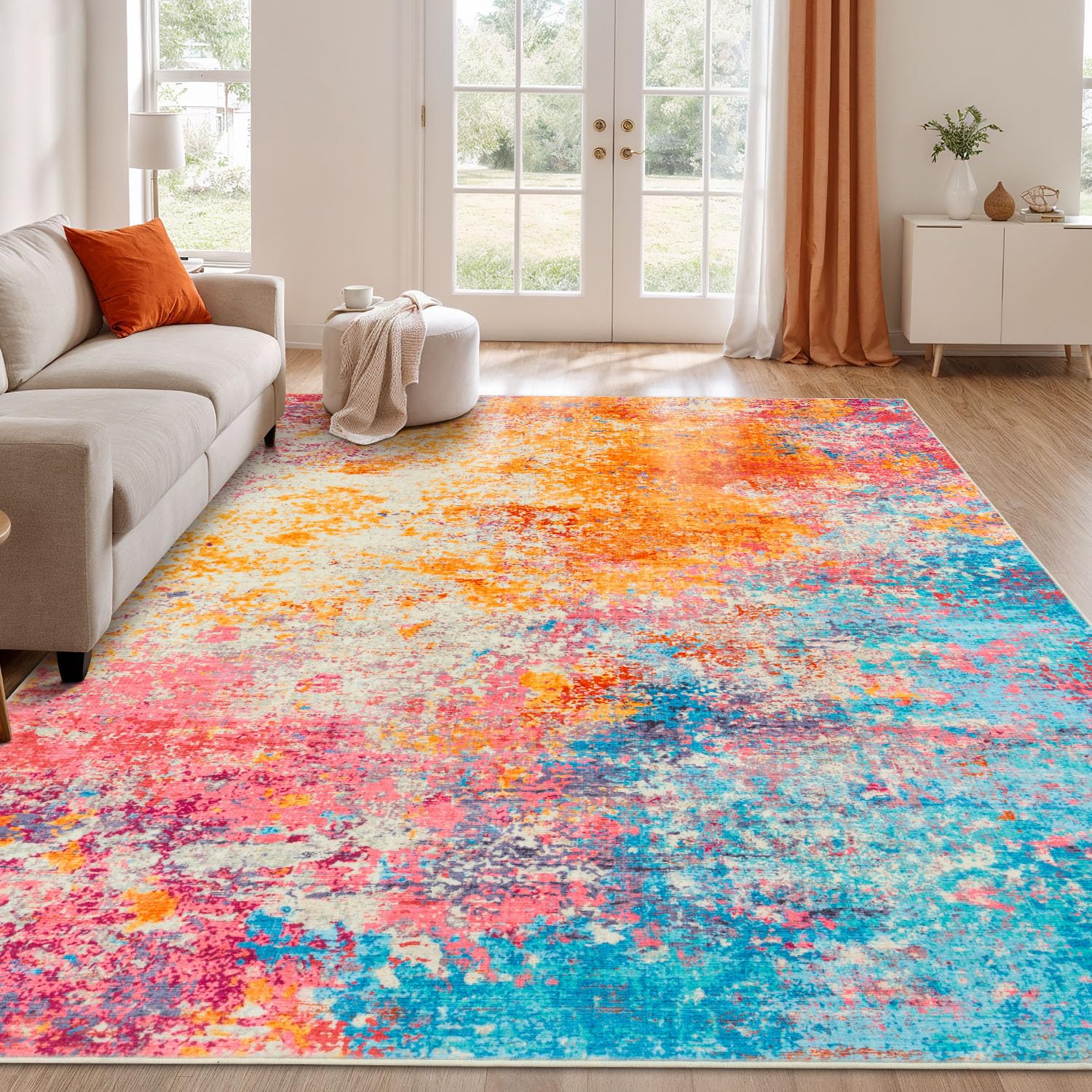 Rugflix rainbow rug for living room with abstract design that hides messes.