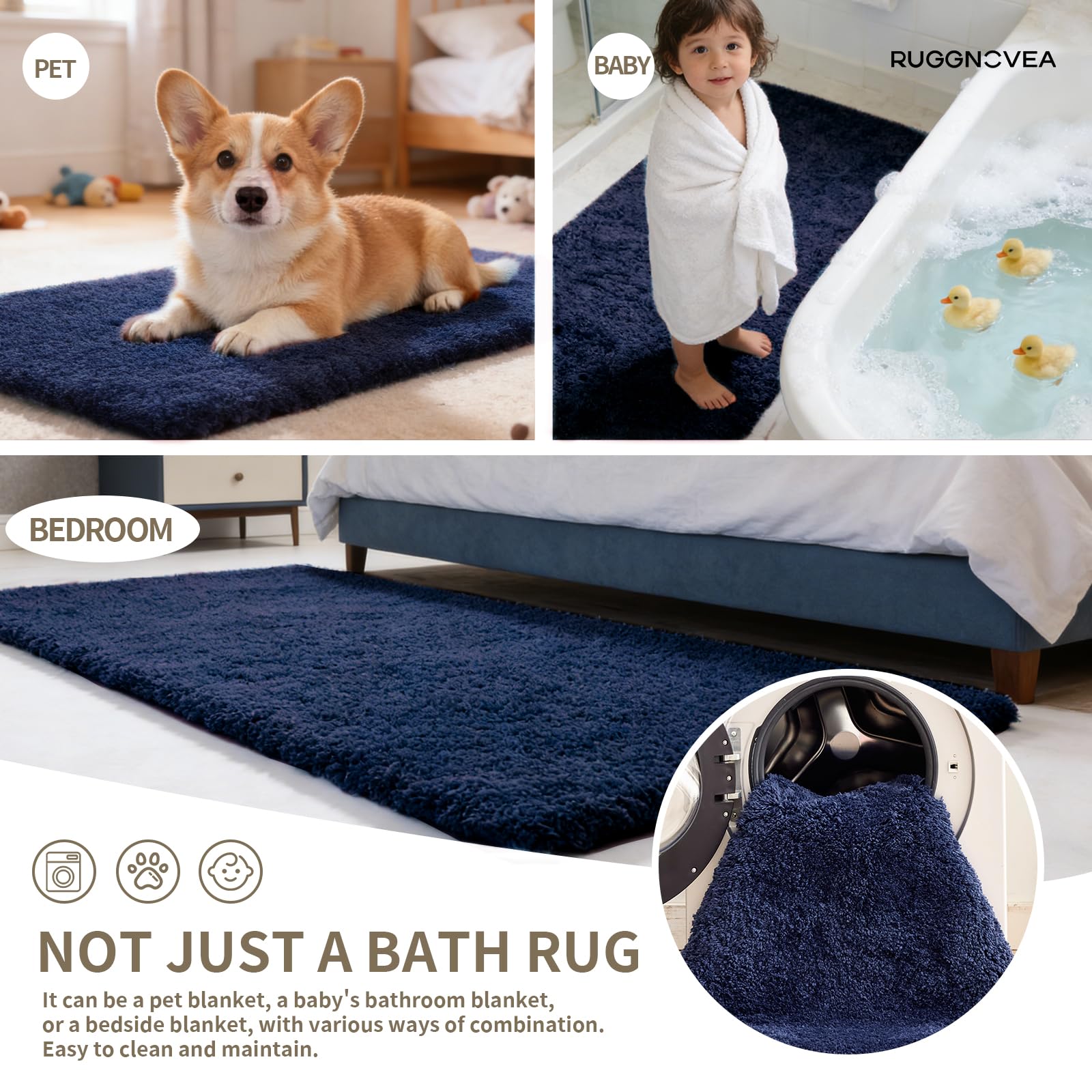 Ruggnovea high-density foam backed rug locks in place on tile