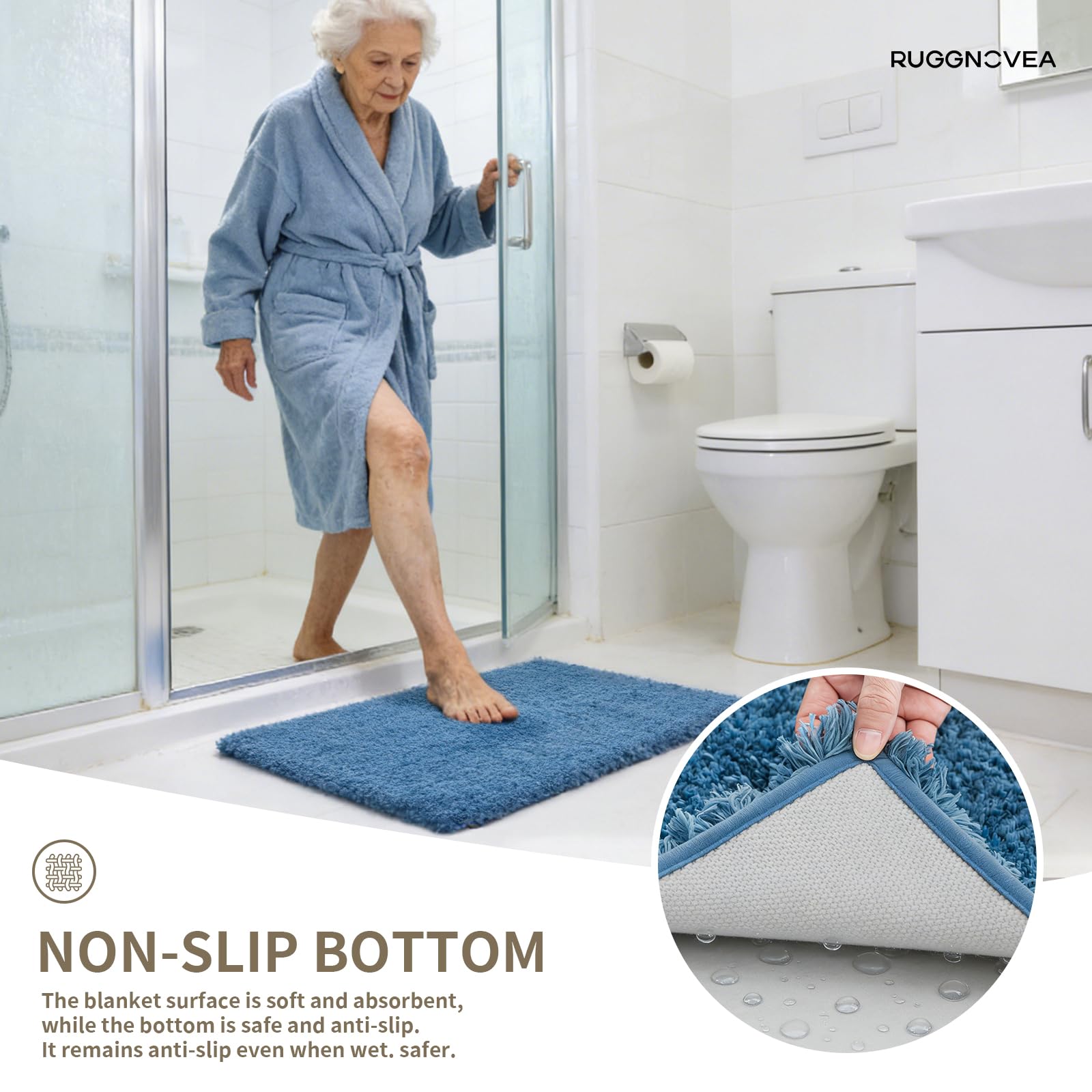 Ruggnovea blue bath rug remains soft after machine washing