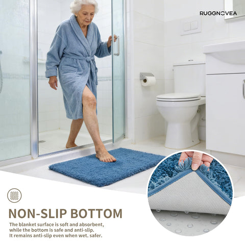 Ruggnovea blue bath rug remains soft after machine washing