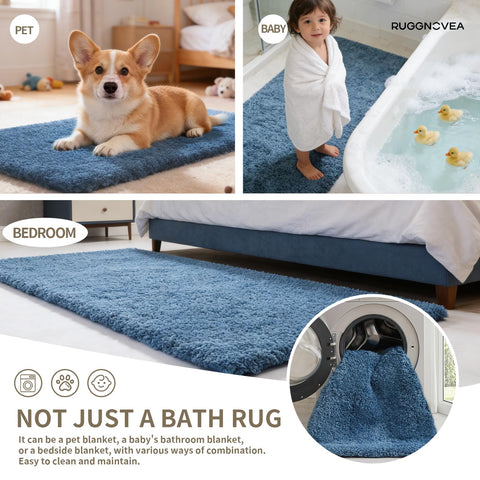 Ruggnovea plush blue rug enhances bathroom comfort and dryness.