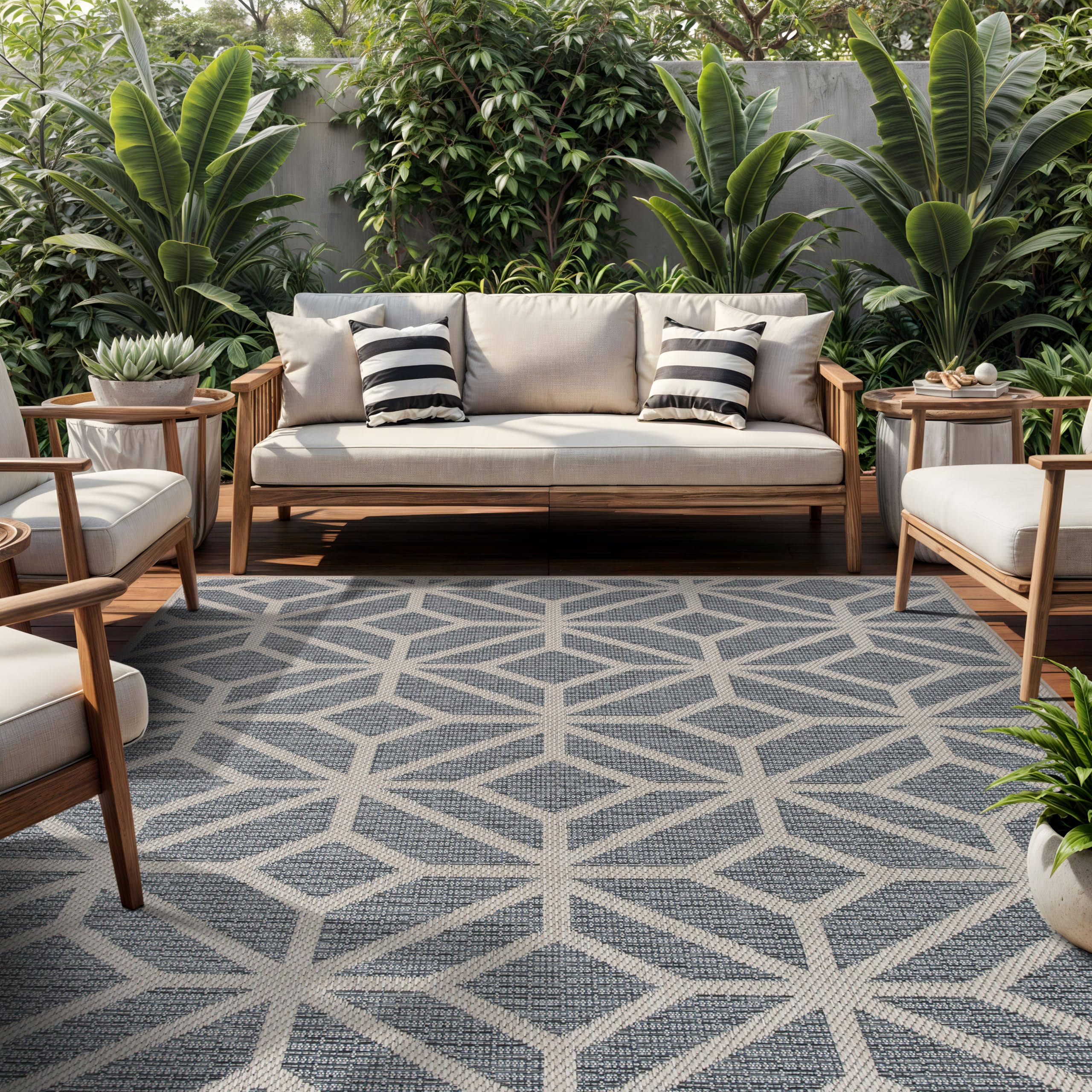 Rugshop Blue Outdoor‑Indoor rug in use shows adaptability across areas and foot traffic.