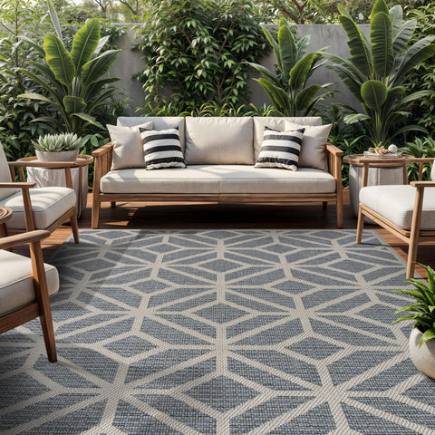 Rugshop Blue Outdoor‑Indoor rug in use shows adaptability across areas and foot traffic.