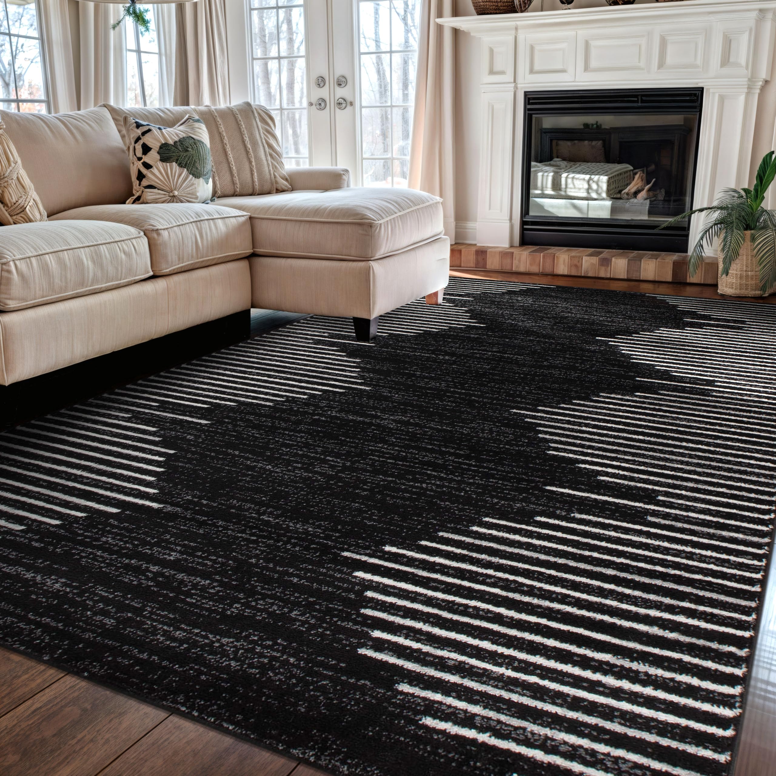 Rugshop Bohemian Stripe 5x7 Black rug in a living room setup, showcasing bold colors and durability.