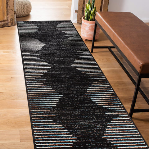 Rugshop Bohemian Stripe Runner 2x7 in black showing bold stripe pattern and high-traffic resilience
