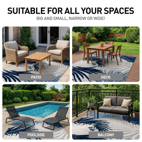 Rugshop Navy Lucca patio and deck scene showing durable, colorfast outdoor use.