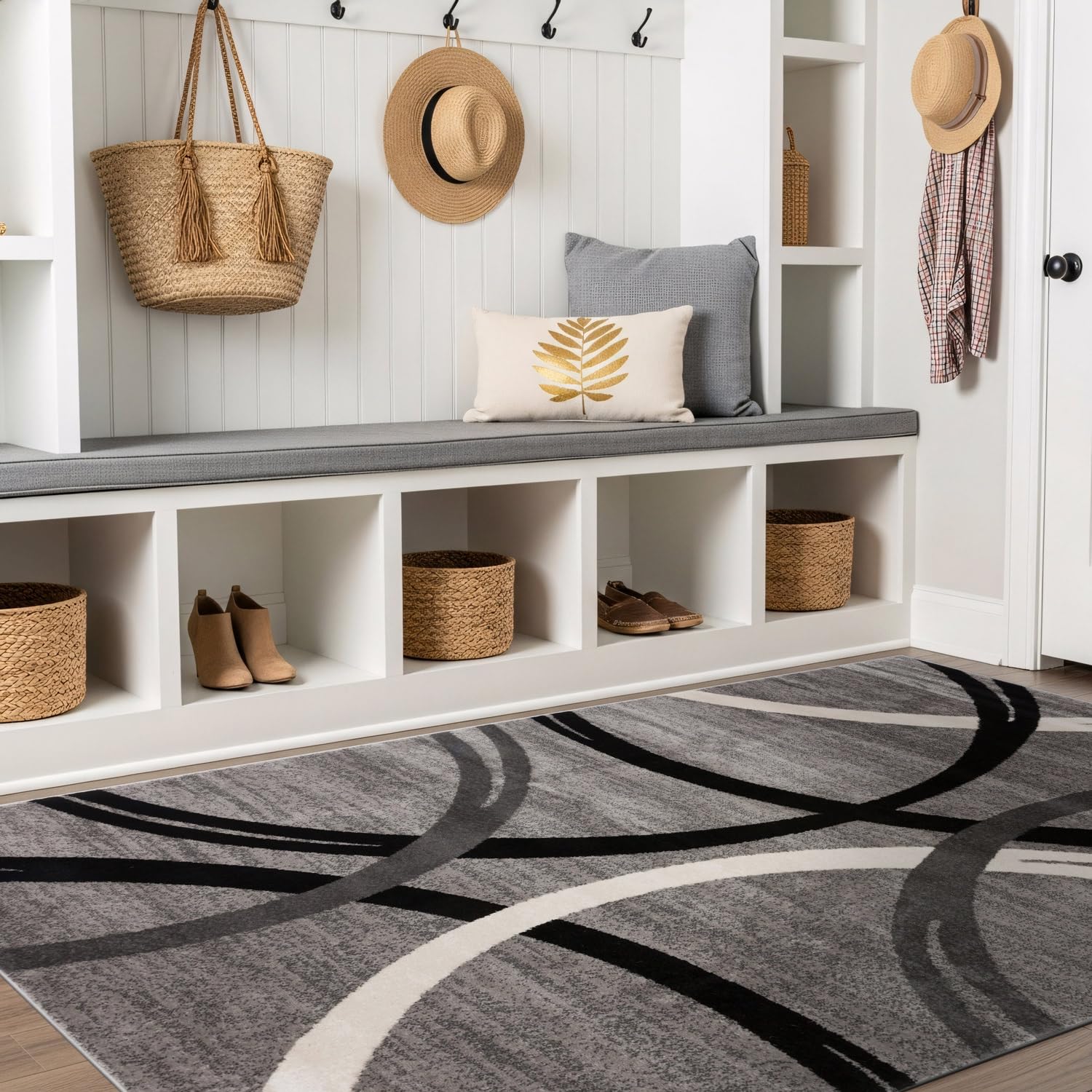 Rugshop Wavy Circles gray rug resists fading for long-lasting color.