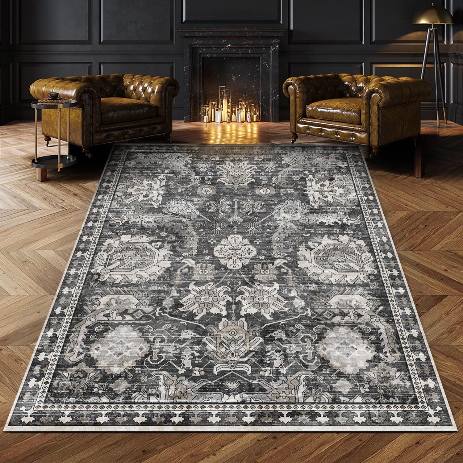 RUGSURE 5x7 washable area rug shown in a versatile grey palette for easy cleaning and placement.