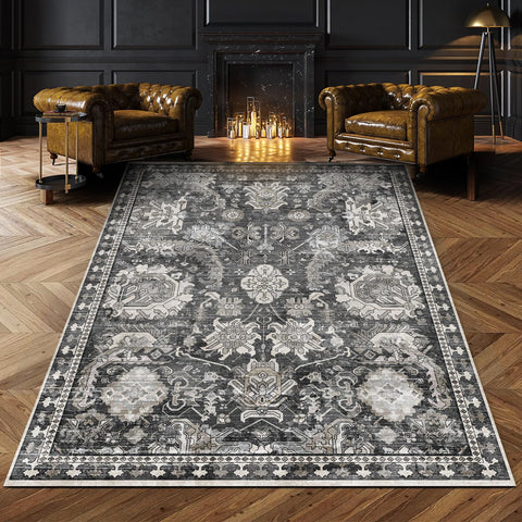RUGSURE 5x7 washable area rug shown in a versatile grey palette for easy cleaning and placement.