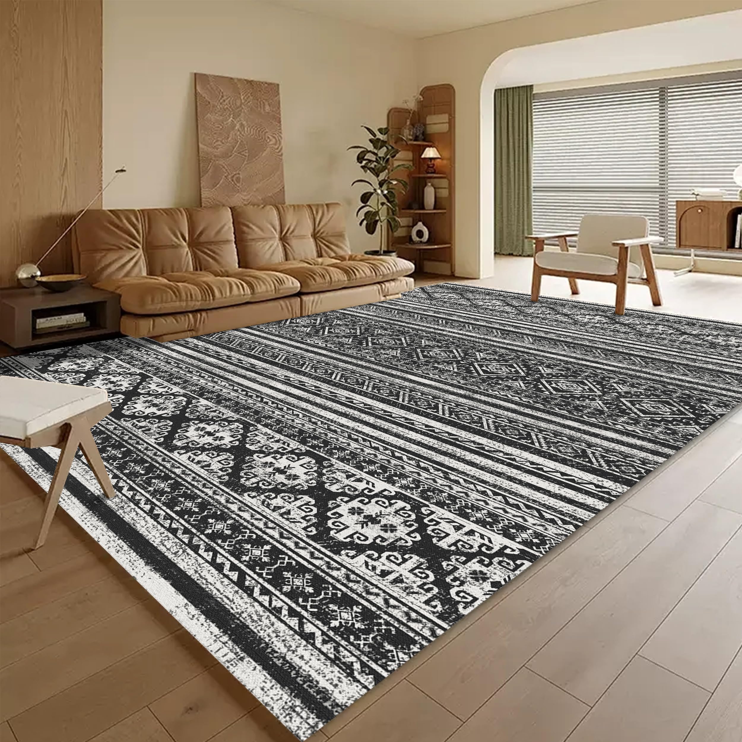 RUGSURE washable area rug front view with Moroccan print enhances living room style