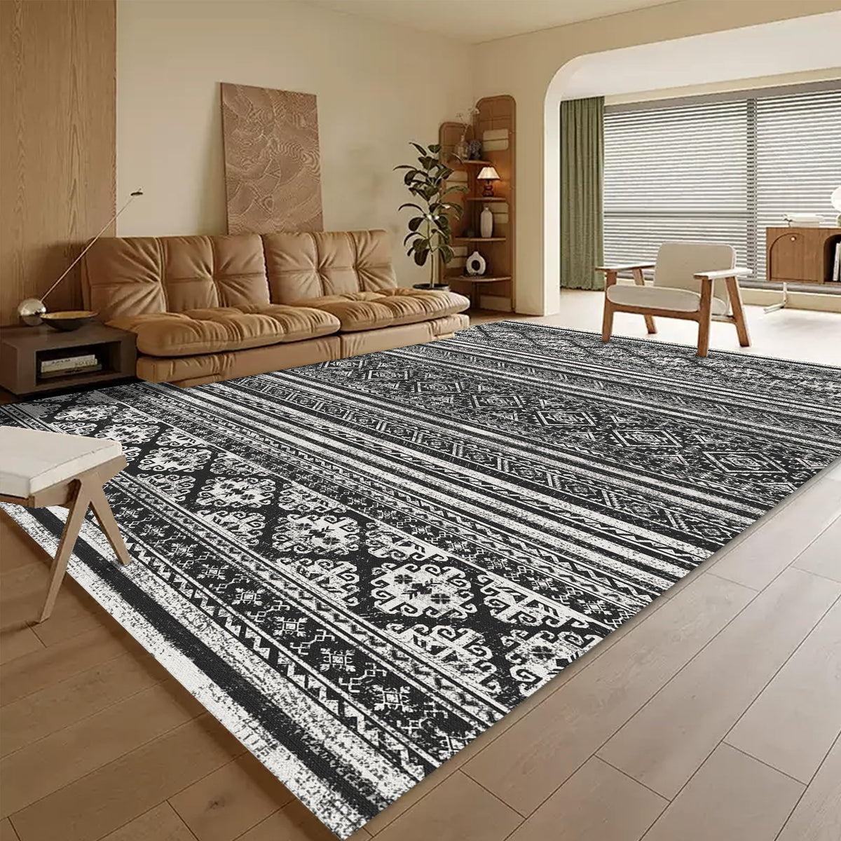 RUGSURE washable area rug front view with Moroccan print enhances living room style
