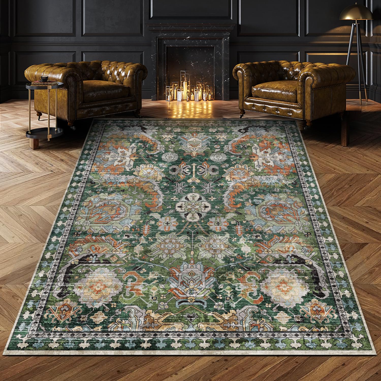RUGSURE washable area rug green in living room with non-slip backing and easy cleaning.