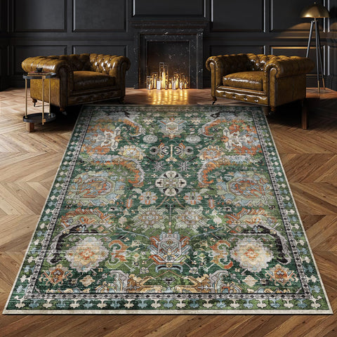 RUGSURE green 5x7 living room rug adds warmth and easy-care convenience