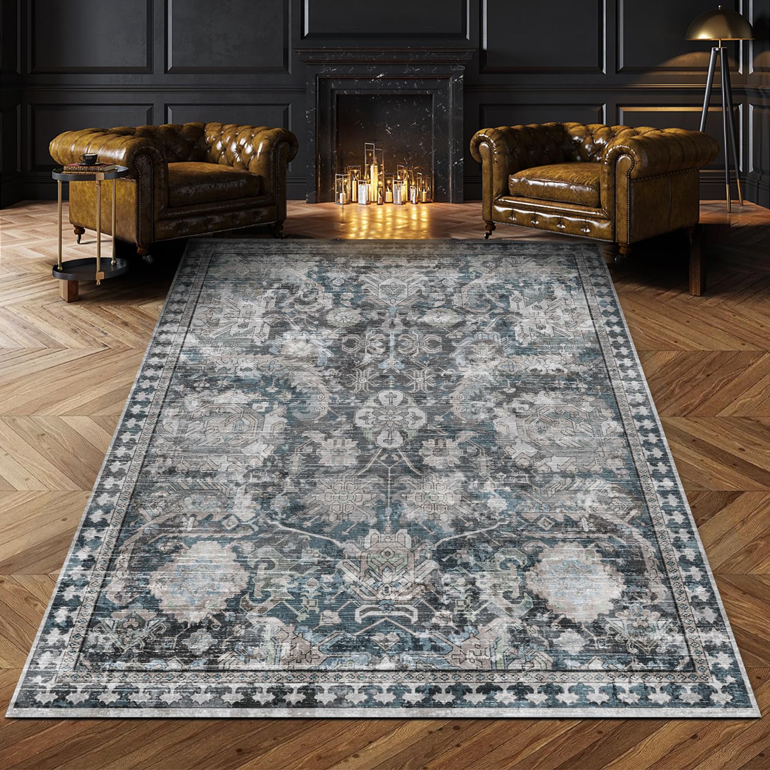 RUGSURE washable area rug with non-slip backing, ideal for busy living rooms.