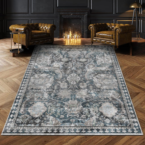 RUGSURE washable area rug with non-slip backing, ideal for busy living rooms.