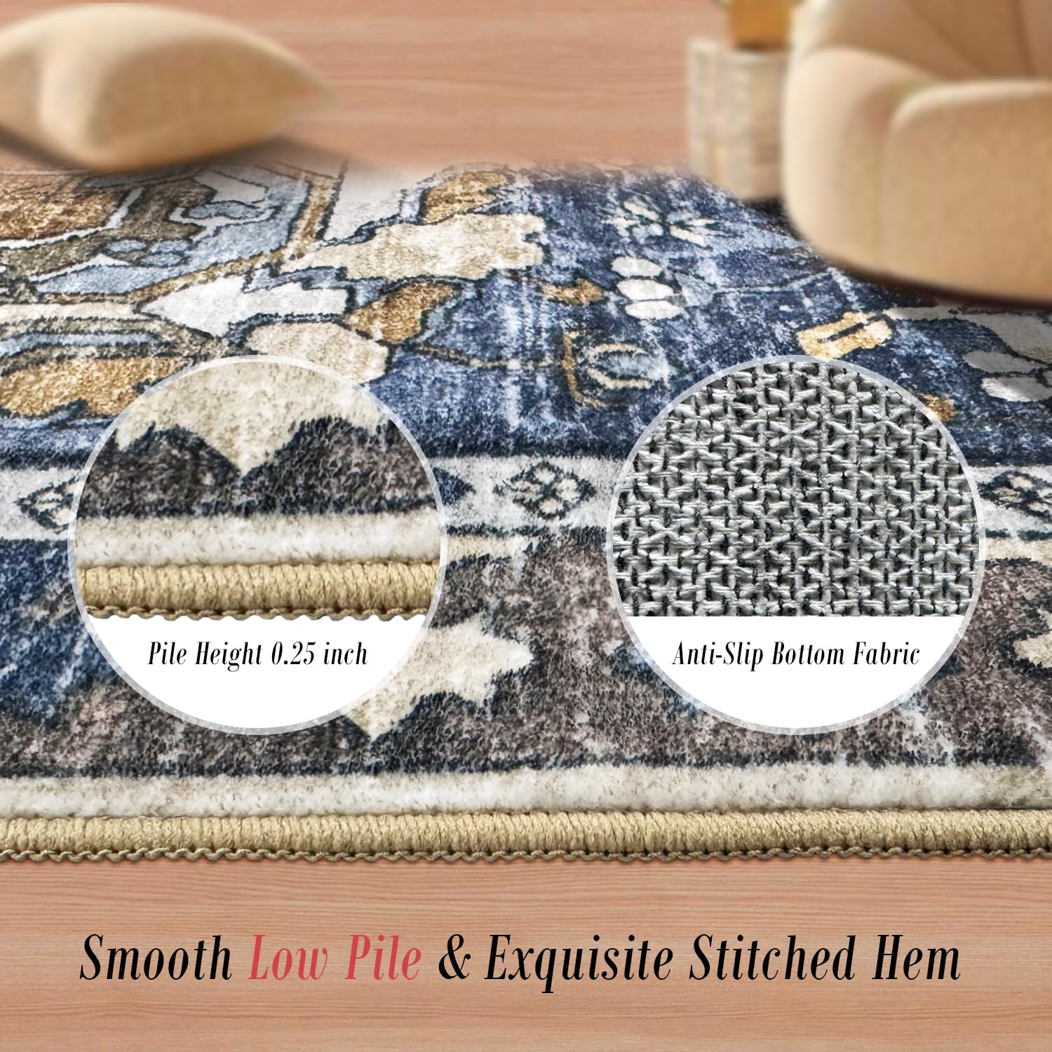 RUGSURE navy rug features soft velvet texture enhancing foot comfort