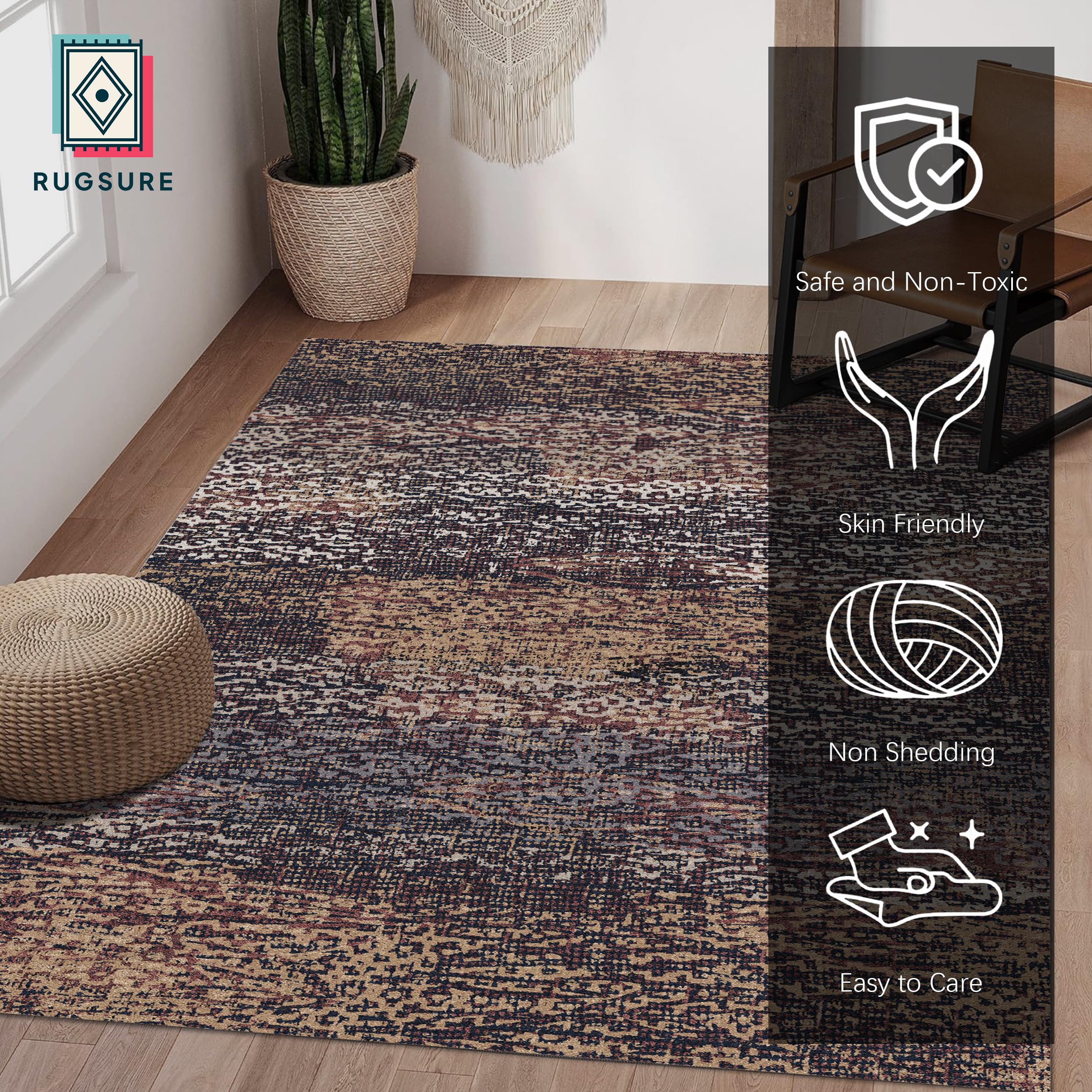 RUGSURE washable area rug non-slip backing keeps high-traffic spaces safe.