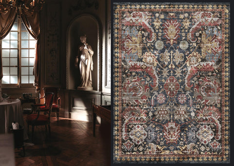 RUGSURE rug with rust border detail enhances vintage vibe and safety.