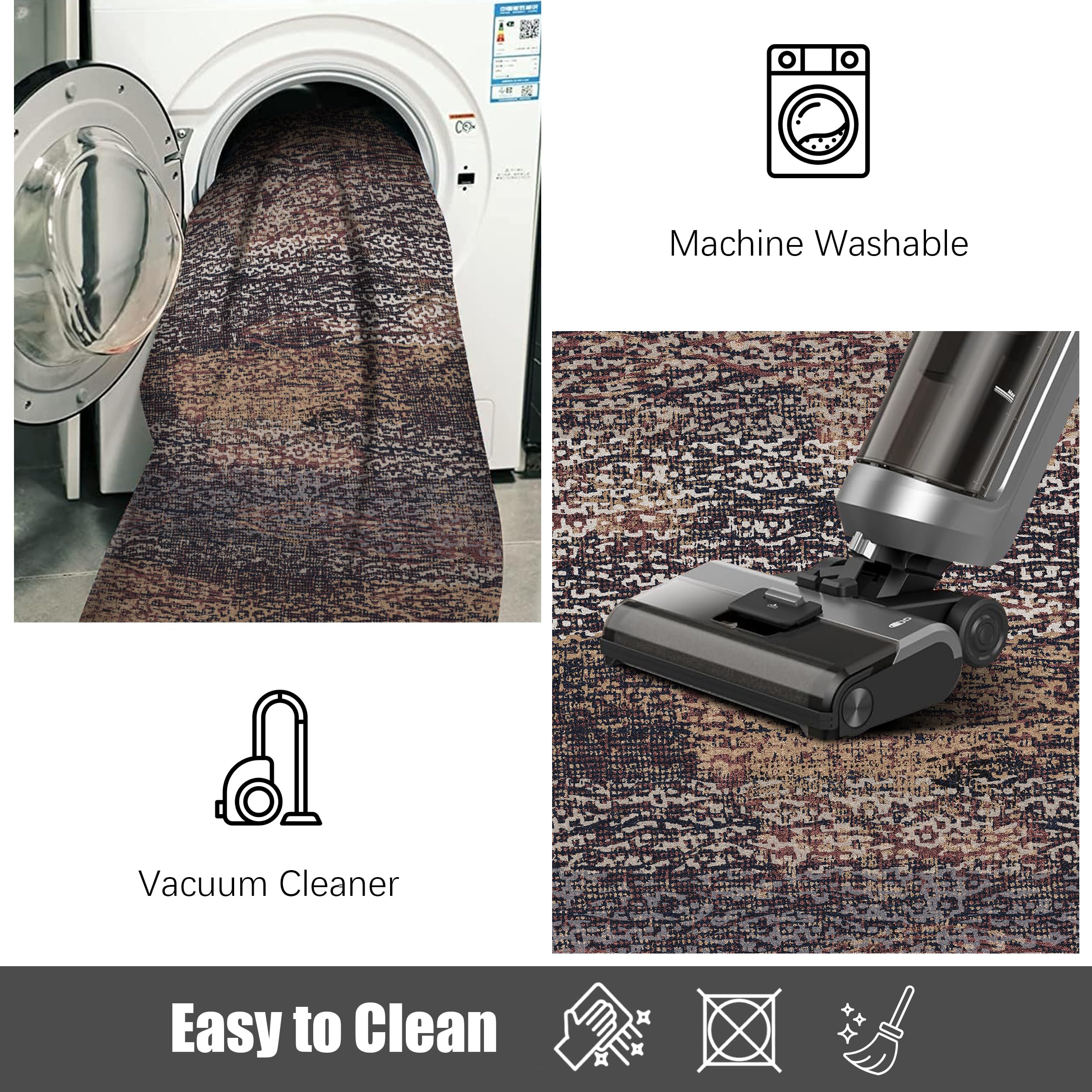 RUGSURE washable area rug vintage abstract pattern adds warm, timeless style.