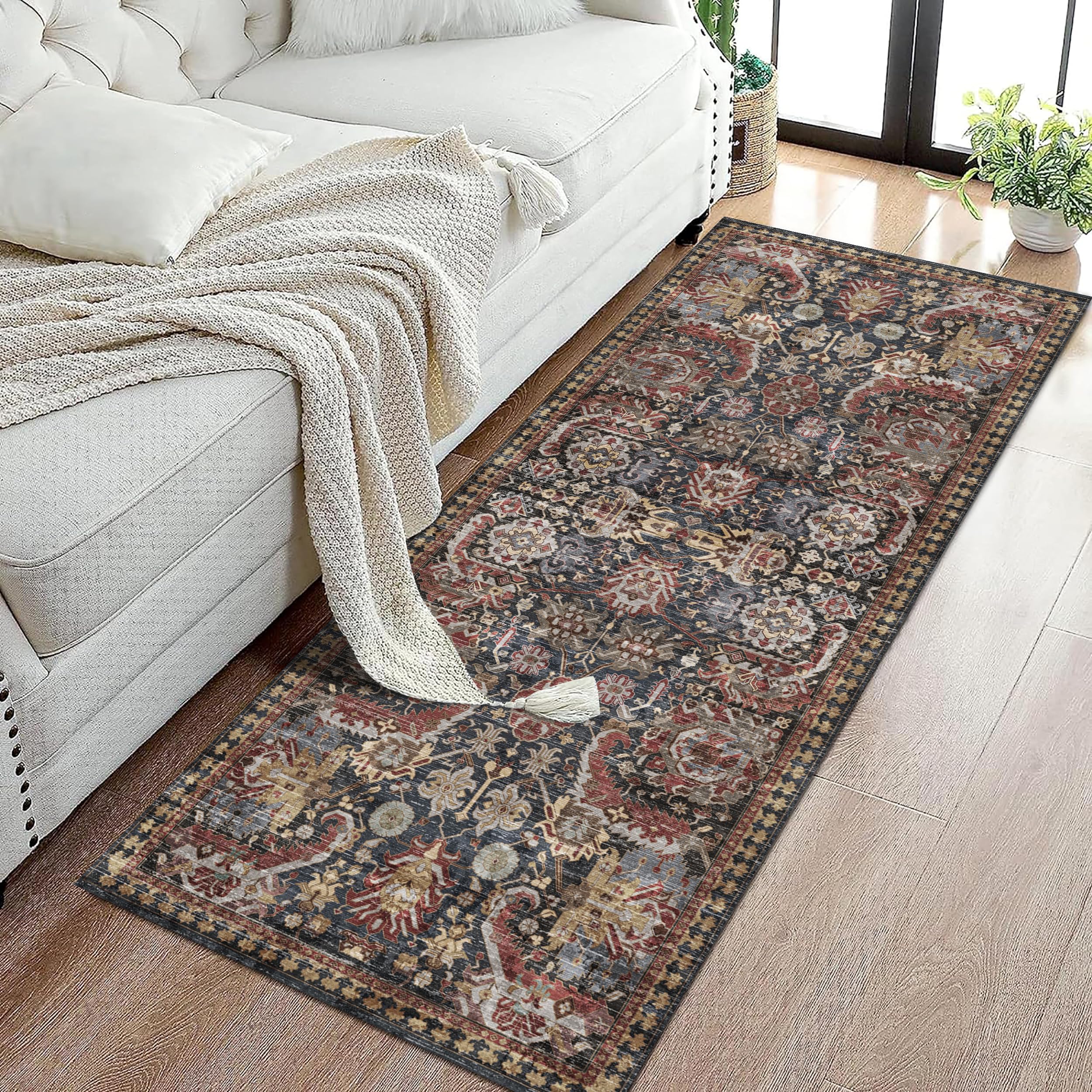 RUGSURE Washable Area Rug vintage medallion design in warm rust tones