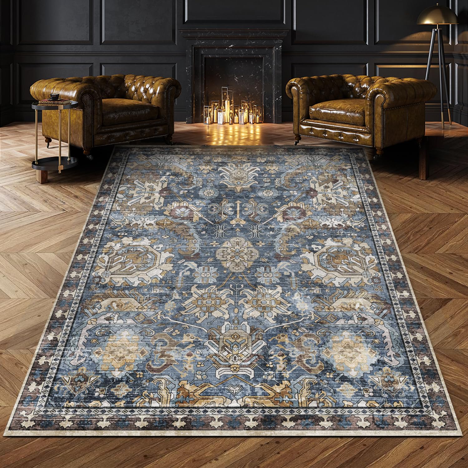 RUGSURE navy 5x7 washable area rug for busy living spaces, easy care