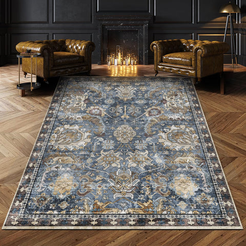 RUGSURE navy 5x7 washable area rug for busy living spaces, easy care