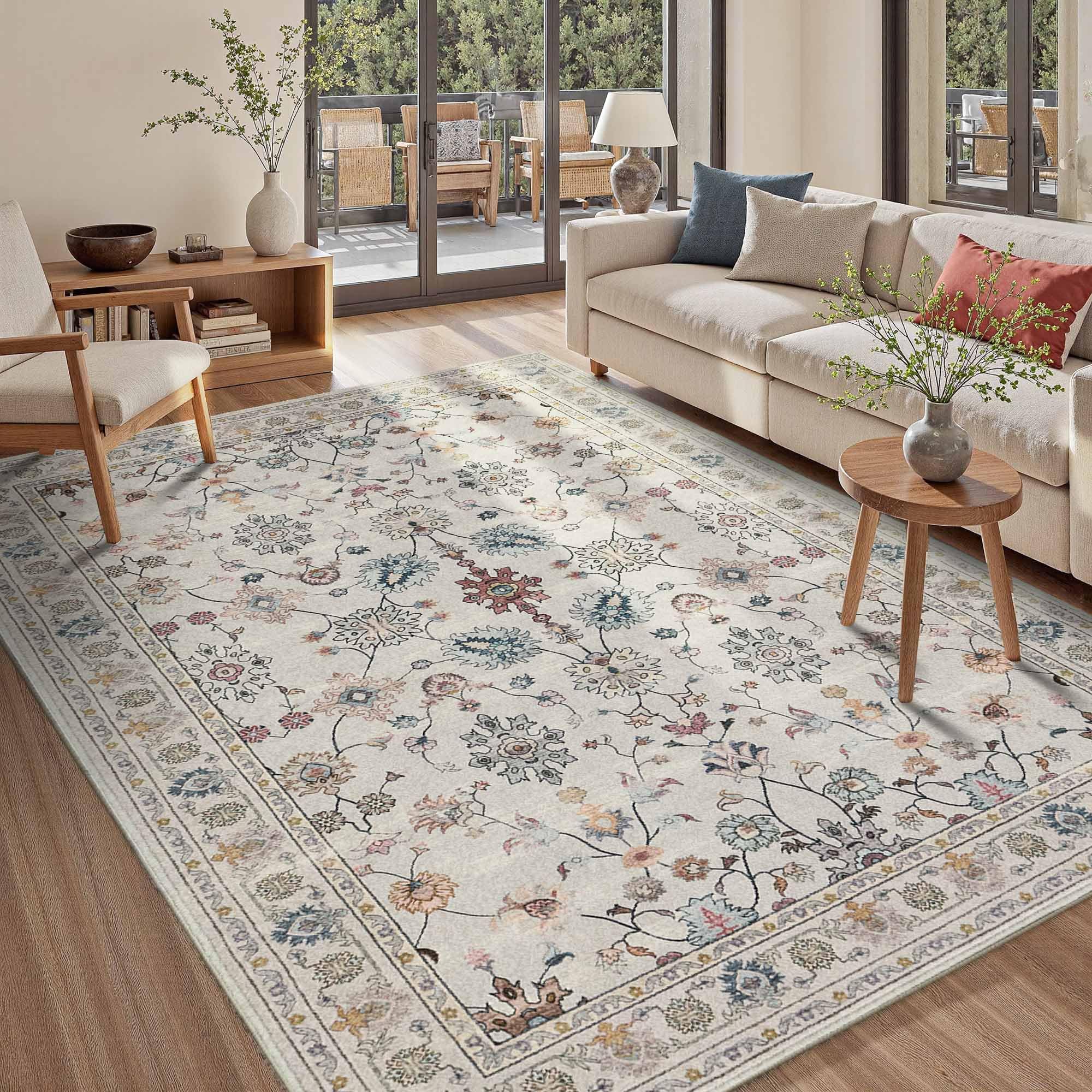 Rugxara floral boho rug grey enhances living rooms with nature-inspired charm.