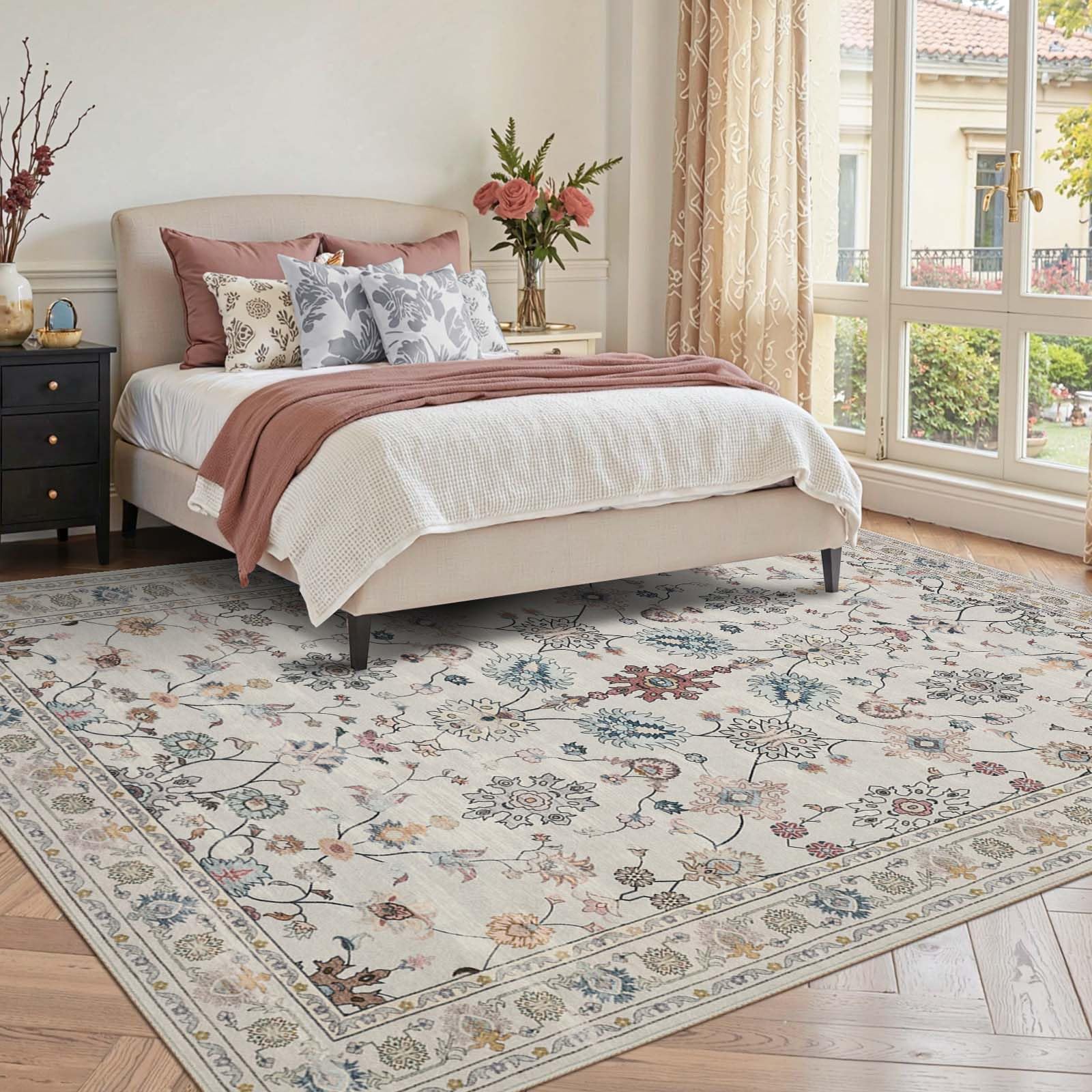 Rugxara floral boho rug grey pattern brightens bedrooms and hides dirt.