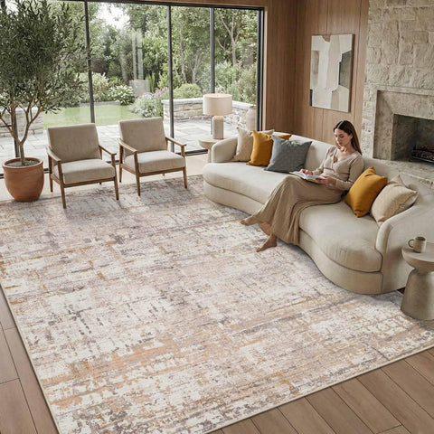 Rugxara modern abstract rug 8x10 with neutral beige and grey tones for versatile living room styling.