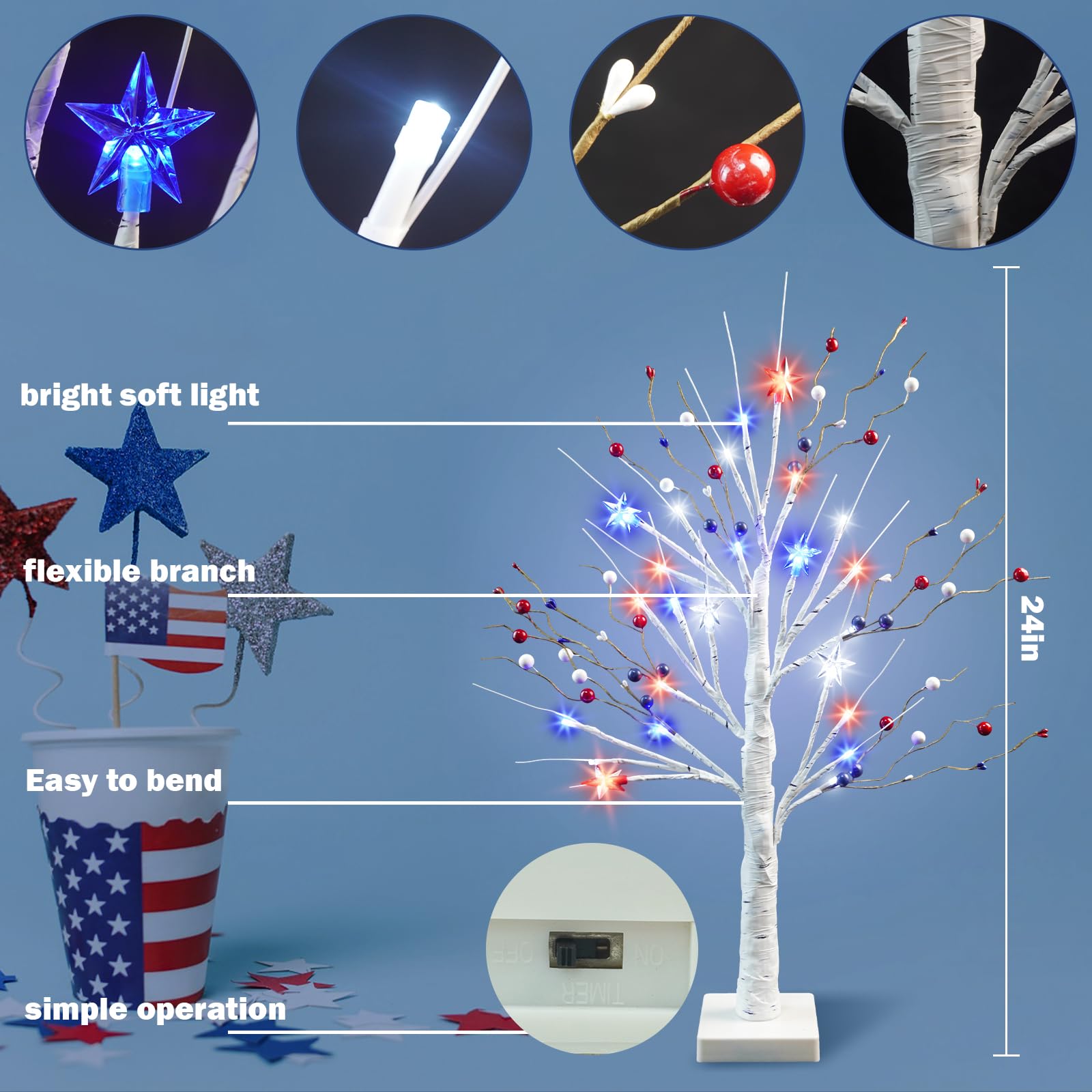 Ruidazon 24 LED ornaments create a bright patriotic display.