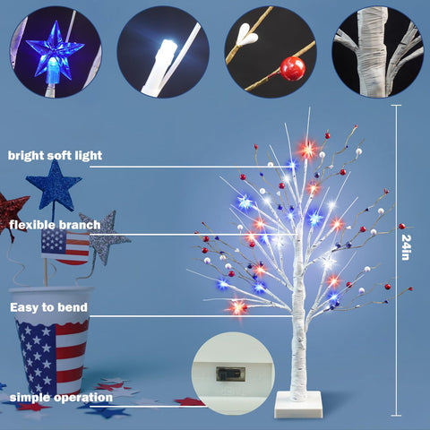 Ruidazon 24 LED ornaments create a bright patriotic display.