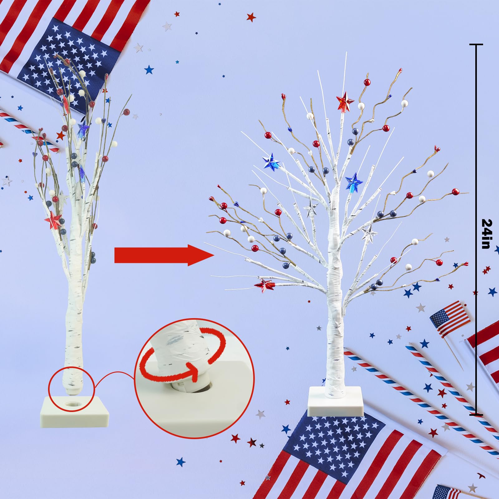 Ruidazon red, blue, white star lights illuminate branches vividly.