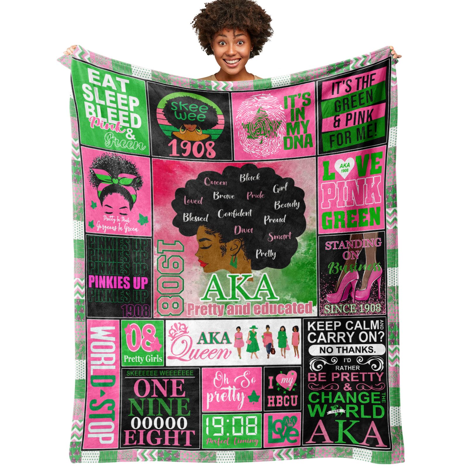 Ruifeihan pink-green sorority throw blanket closeup shows ultra-soft fleece for cozy lounging.