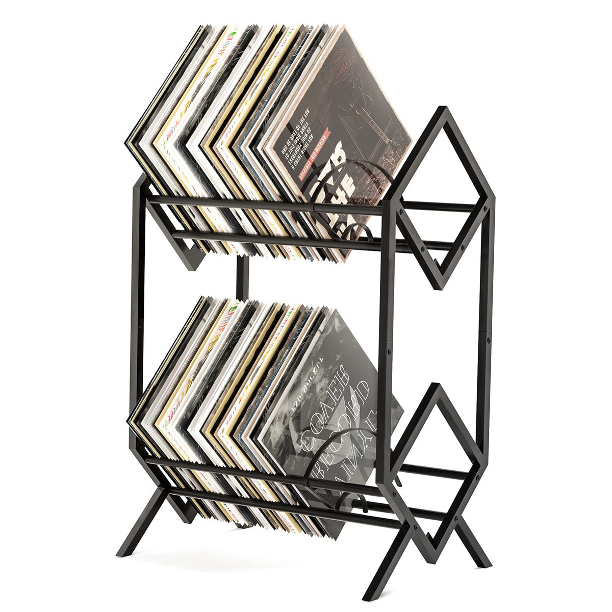RUILALIFE 2-tier vinyl record storage rack with upright dividers for organized LPs
