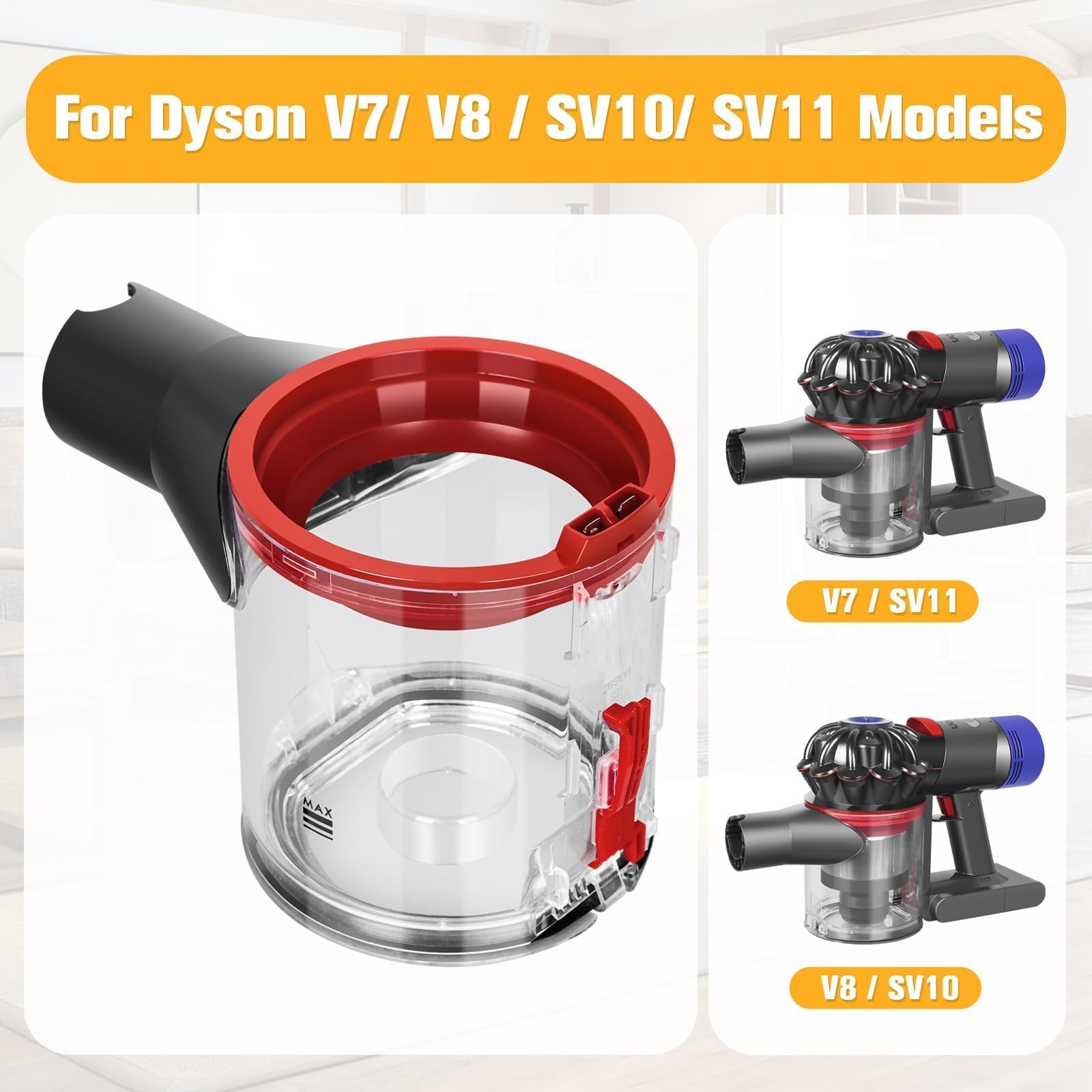 RUKHOOL V8 dust bin front view showing Dyson compatibility and fit