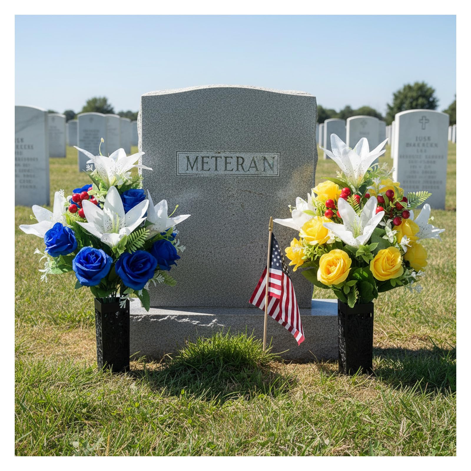 RUMEAVAO black lattice vase complements blue and yellow blooms for dignified grave decor.