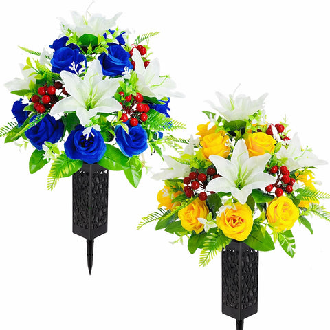 RUMEAVAO silk cemetery bouquet with blue roses and yellow lilies for timeless gravesite decor.