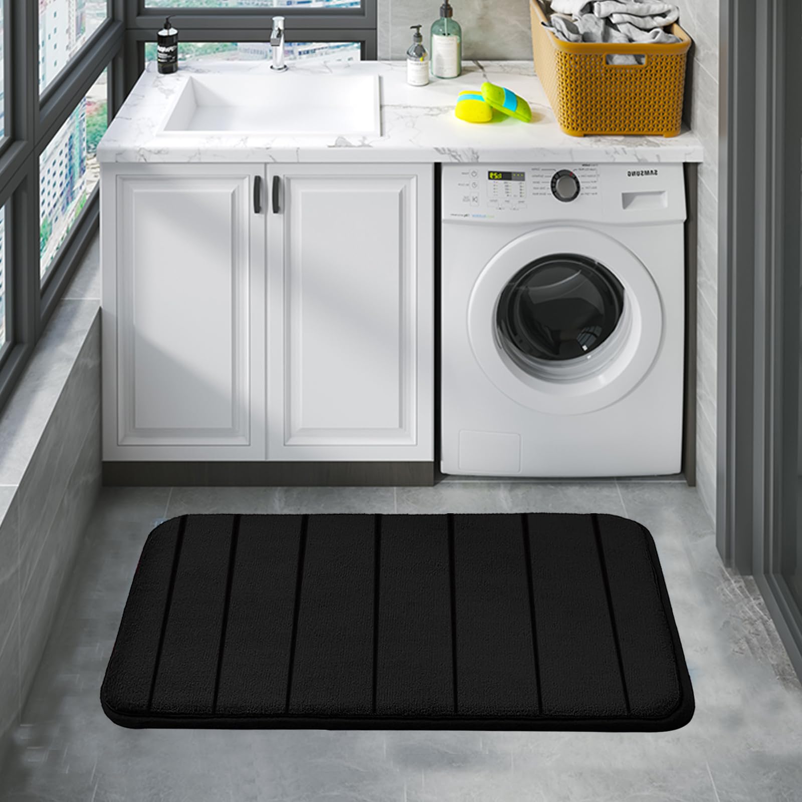 RUN HELIX 3-piece bath rug set arranged for coordinated bathroom styling