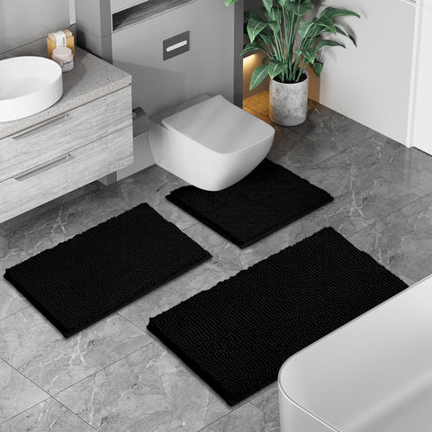 Run Helix black large 20x32 rug with thick plush fibers seen in bathroom setting.