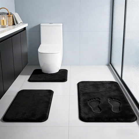 RUN HELIX black rug set arranged in a modern bath for plush feet.