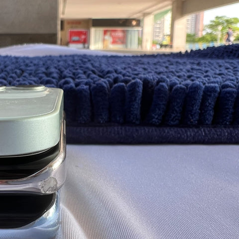 RUN HELIX Indigo Blue chenille soft rug for ultra-plush underfoot feel.