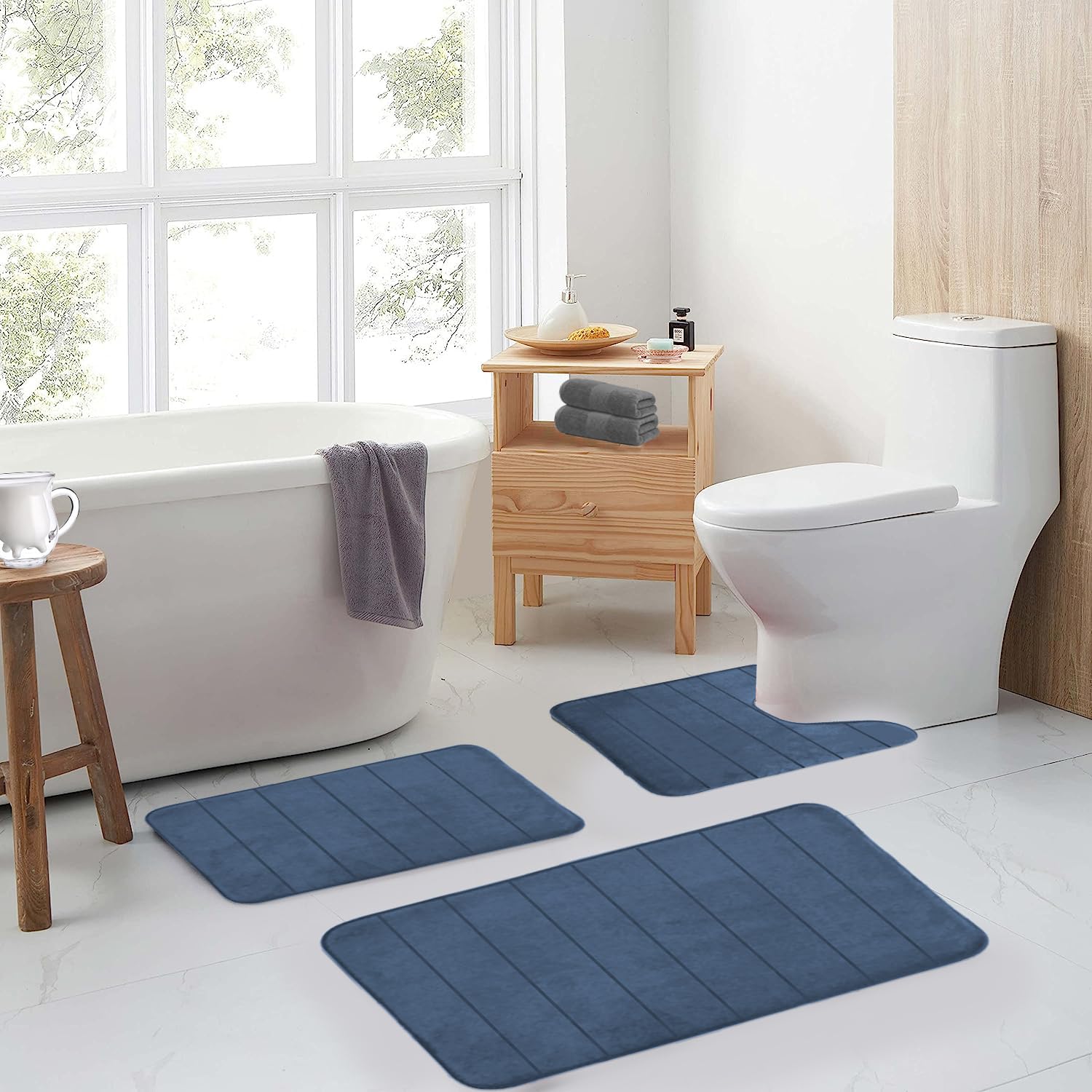 RUN HELIX memory foam bath mat set shows coordinated comfort with non-slip backing.